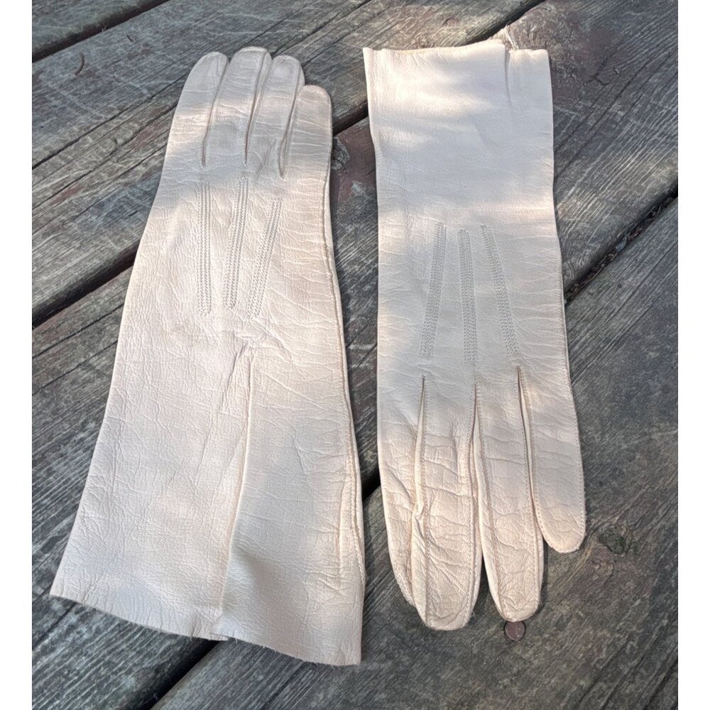 Vtg Washable Kid Leather Ladies Long Beige Gloves Size 7 France